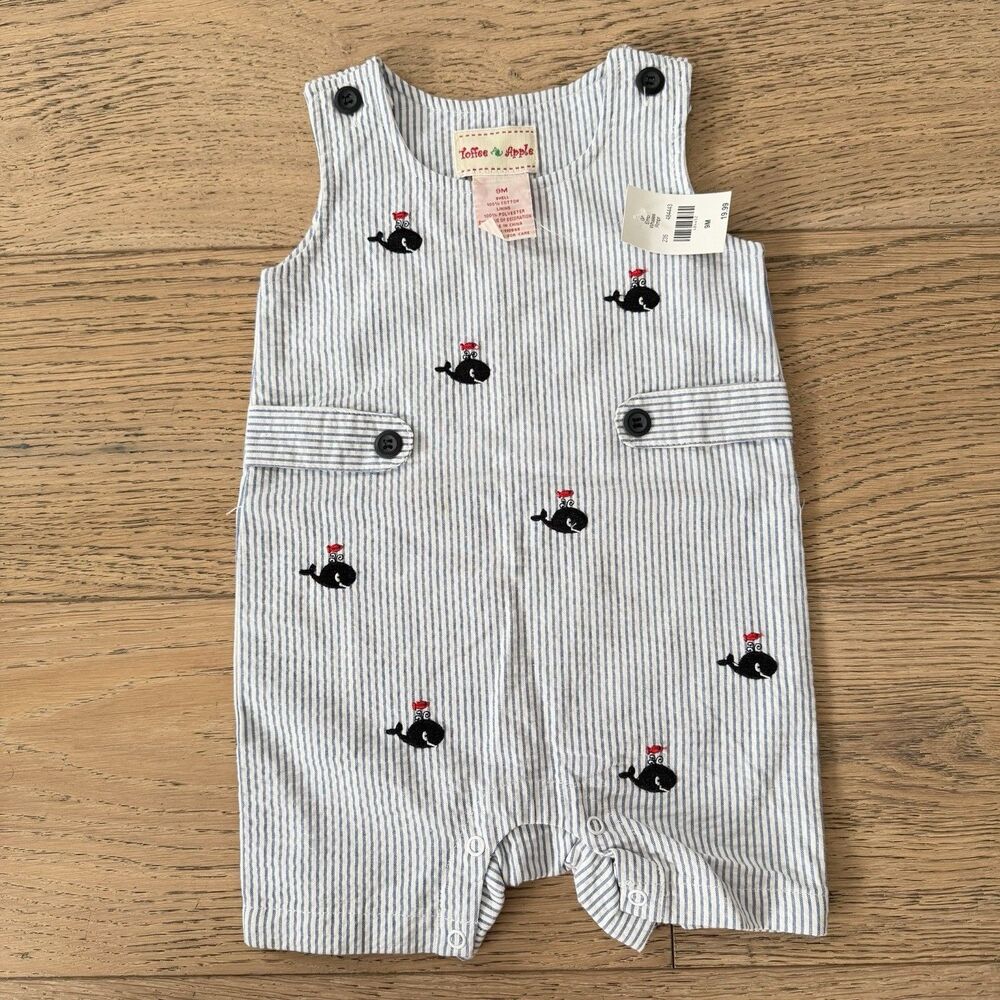 Toffee Apple Baby Boy Romper 9M Embroidered Whale Fish Blue Stripe NWT